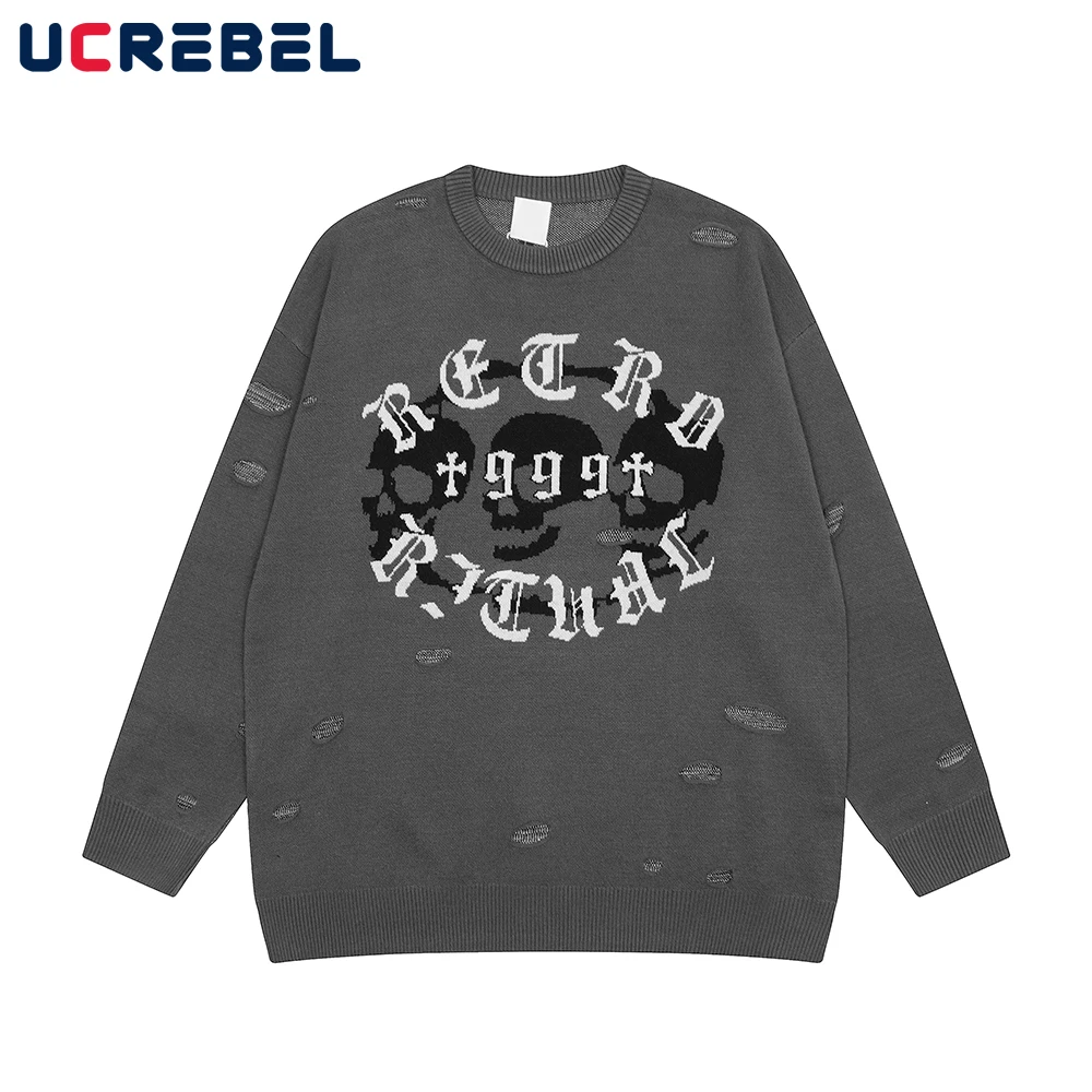 

High Street Jacquard Knitted Sweater Mens Autumn Loose Crew Neck Long Sleeve Streetwear Ripped Hole Pullover Men