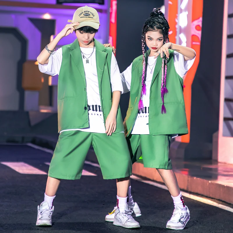 

Kids Showing Outfit Hip Hop Clothing Green Sleeveless Blazer Jacket Baggy Shorts for Girl Boy Jazz Dance Costume Teenage Clothes