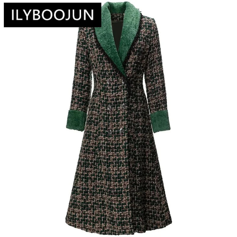 

ILYBOOJUN Fashion Designer Winter Plaid Tweed Coat Women Long Sleeve Beading Pockets High Street Double Breasted Outerwear