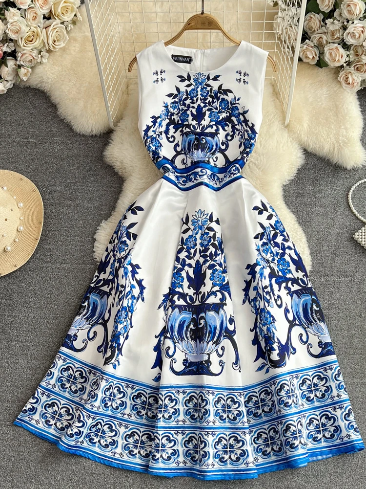 

Women Elegant Party Dress Summer Fashion Round Neck Sleeveless Printed Blue Dresses Ladies Vintage Slim A-line Long Dress