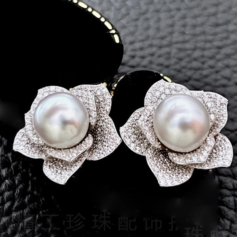 

MeiBaPJ Luxurious 925 Sterling Silver Fashion Flower Stud Earrings Natural Pearl Ear Studs Fine Charm Wedding Jewelry for Women