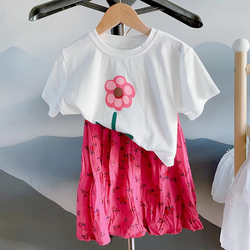 

2023 New Summer Kid Clothes Girl Suit White T-Shirt+Floral Skirt 2Pcs Casual Set Print Children Clothes