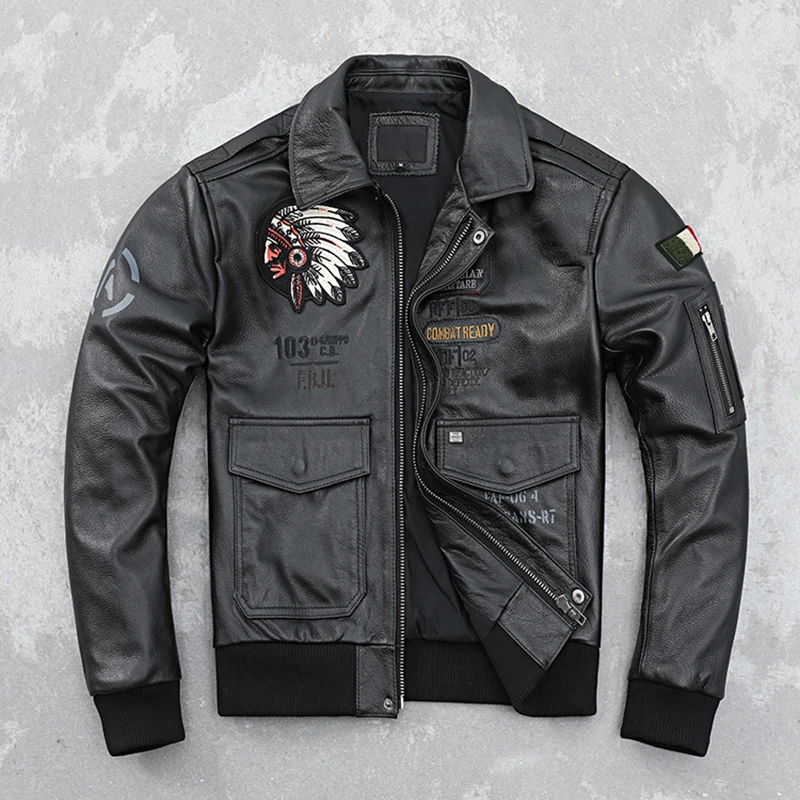 Cowhide Air Force Flight Suit Genuine Leather Clothes Men Embroidery Pure Leather Jacket Handsome Fashion Coat 2023 New
