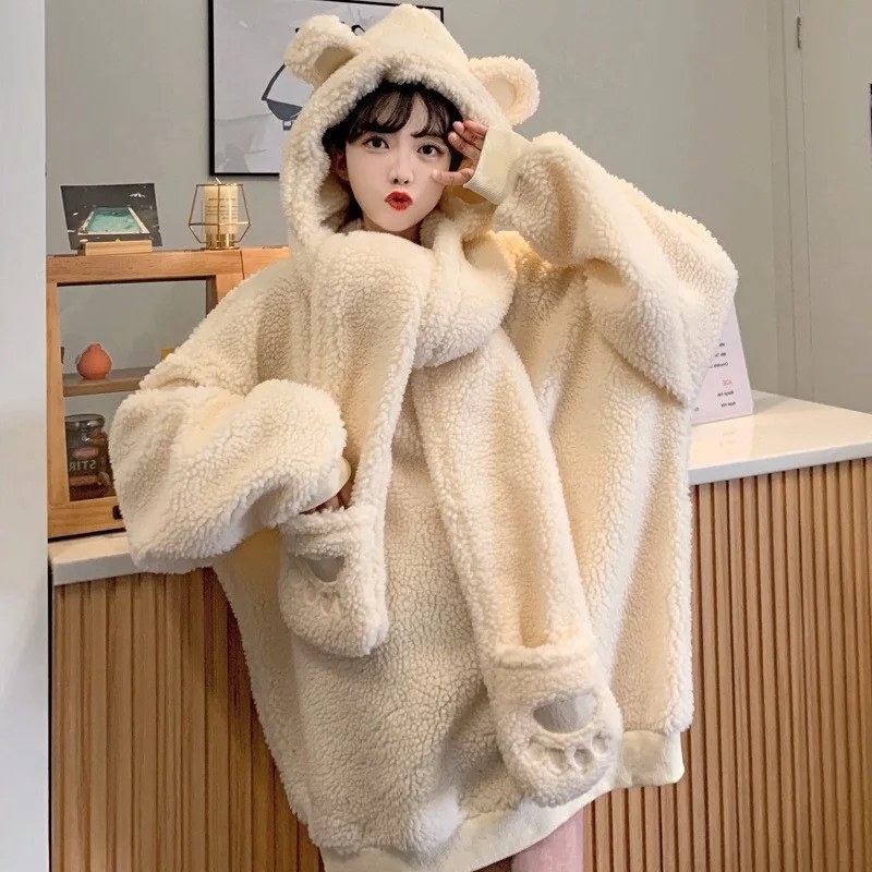Faux Lamb Wool Bear Gloves Hooded Scarf Detachable Sweater Long-sleeved 2024 Autumn and Winter New Fashion Women's Clothing