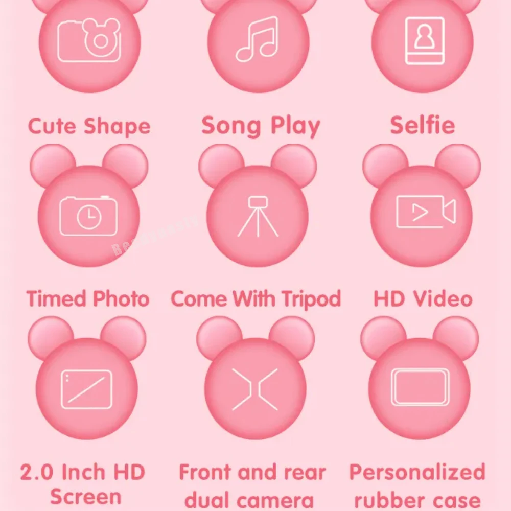 New Bear Kids Digital camera cartoon with Tripod Micro Toy lanyard Children Selfie Portable Toddler Video Holiday Gifts