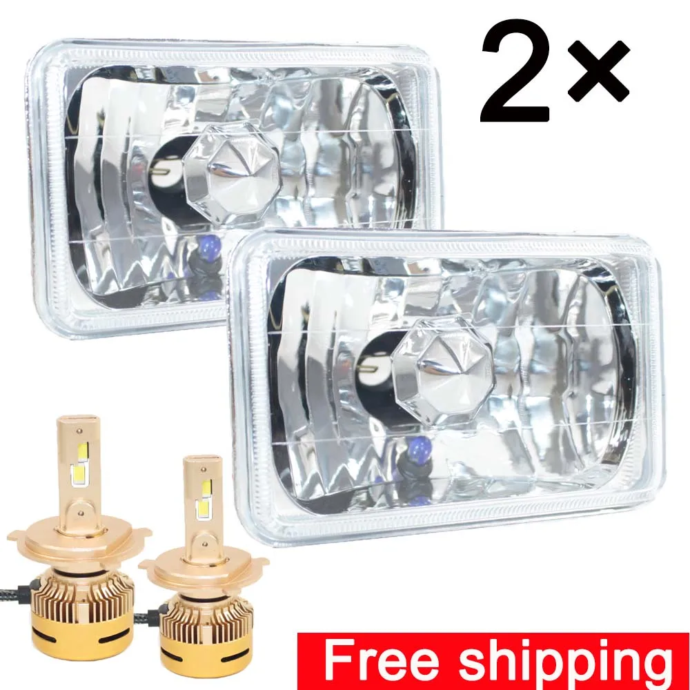 

4" X 6" Inch Clear Diamond Cut Upgrade Replacement Head Lamps 6000K W/ H4 Light LED Bulbs *2PCS
