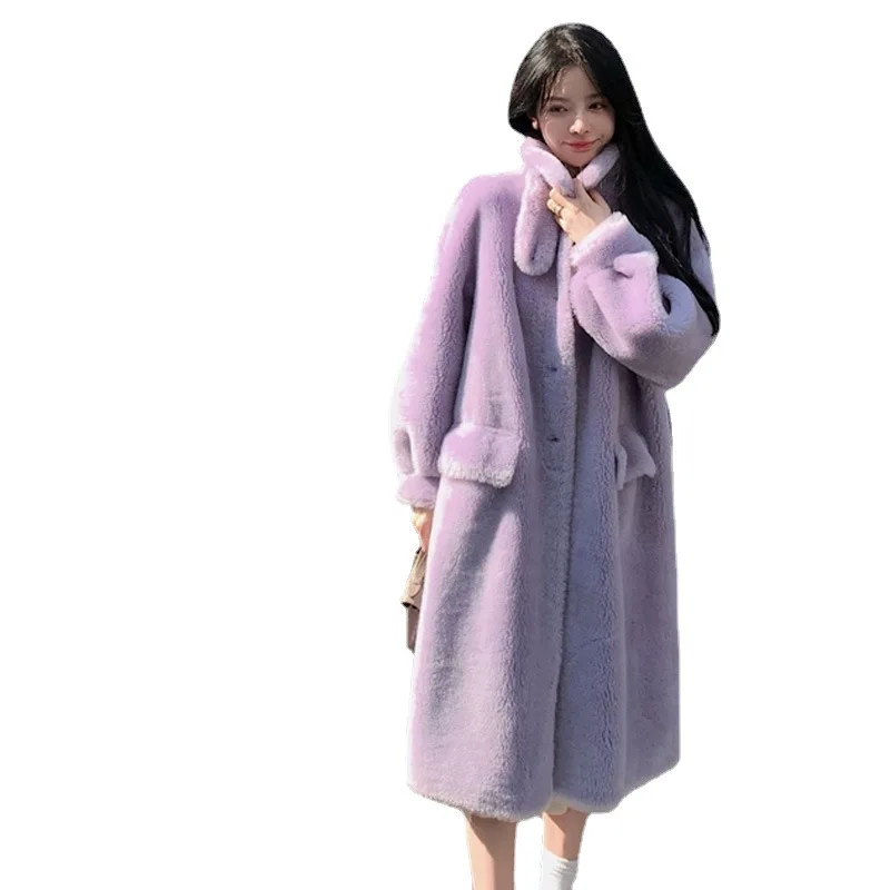 New Fur Coat Women's Lamb Fur Fur Fur One Sheep Sheared Wool Medium and Long Standing Collar Fur Coat Thick Winter