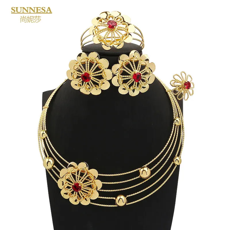 

SUNNESA Red Zircon Big Jewelry Sets Luxury African Round Necklace Flower Clip Earrings Bracelet Ring for Women Wedding Party