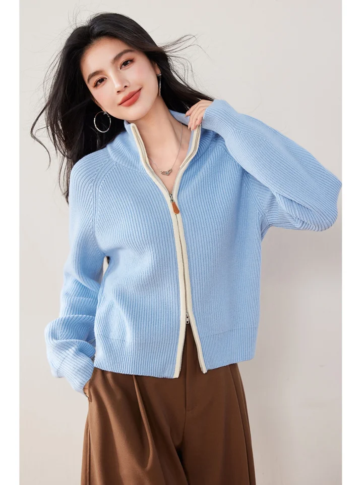 여성용 가디건 상의 니트 루즈핏 카라 가을겨울 파란색 빈티지 여유로운 부드러운 가디건 상의 니트 상의 가디건