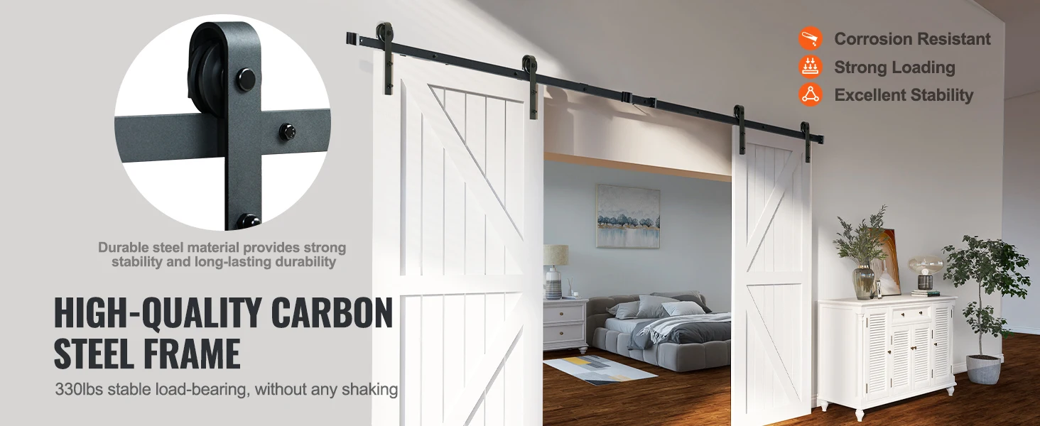 SucceBuy 8/10FT Sliding Barn Door Hardware Kit 330 LBS Heavy Duty Barn Door Track Kit for Double Doors with Smooth Silent Pulley