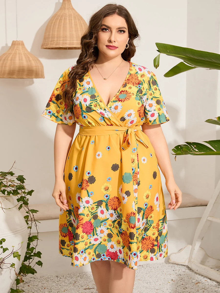4xl 5xl Plus Size Midi Dress Women 2023 Summer V Neck Short Sleeve Floral Print Yellow Dress for Women Large Size Beach Dresses Best Sellers In Plus Sized Clothing