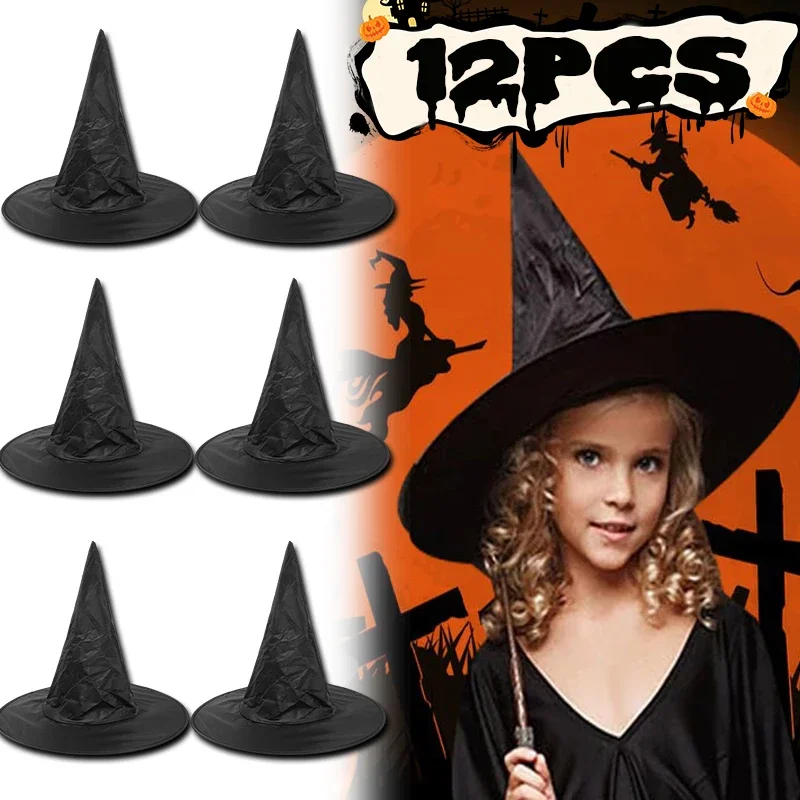 Halloween Witch Hat 1-12pcs Kids Adults Halloween Party Cosplay Costume Props Decoration Black Wizard Cap Yard Hanging Witch Hat