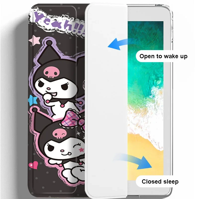 IPad Case Kawaii Sanrio Kuromi IPad 10 Case Cartoon Three Fold Silicone Soft 7 8 9 Pro 10.5 Air 3 4 5 Covers