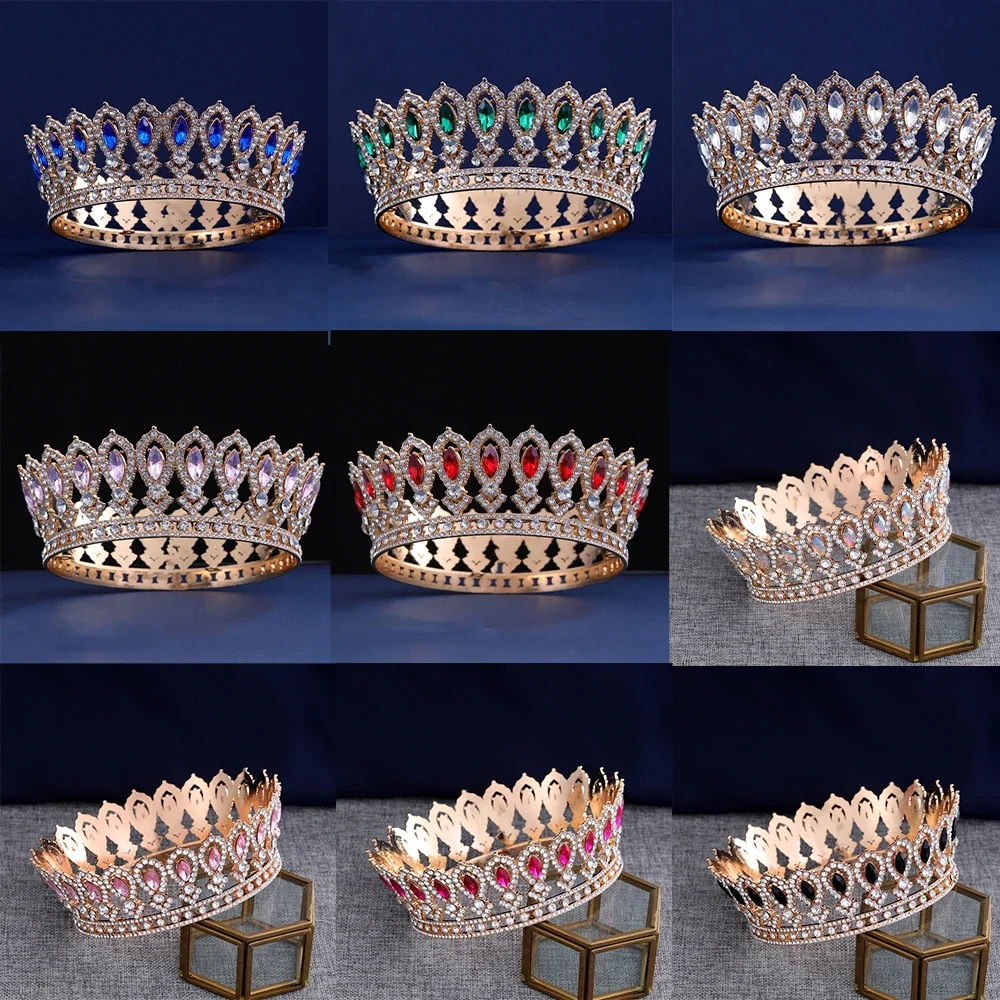 European Full Round Vintage Bridal Princess Rhinestone Tiara Baroque Pageant Crystal Crown King Diadems Hair Accessories Jewelry