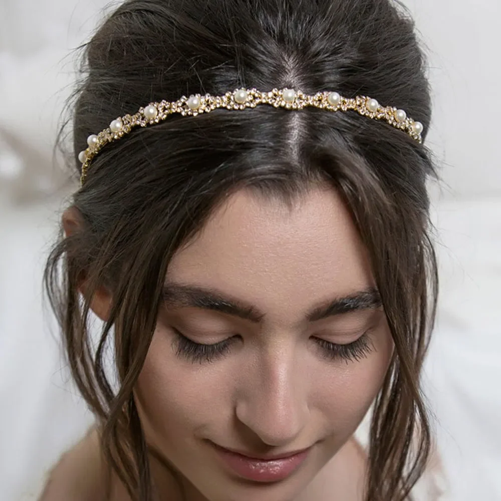 Women Elastic Rhinestone Headband Wedding Bridal Hair Chain Pearl Crystal Hair Band Accessories