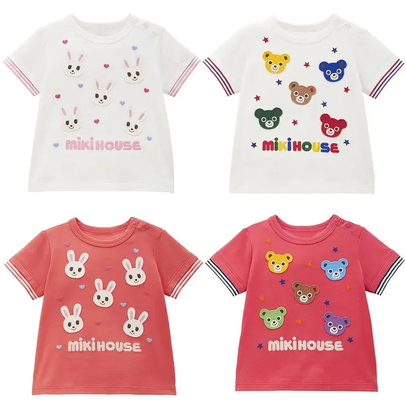 

Летняя Новинка, Детская футболка с коротким рукавом и вышивкой из мультфильма «пять медведей и пять кроликов», топ с круглым вырезом