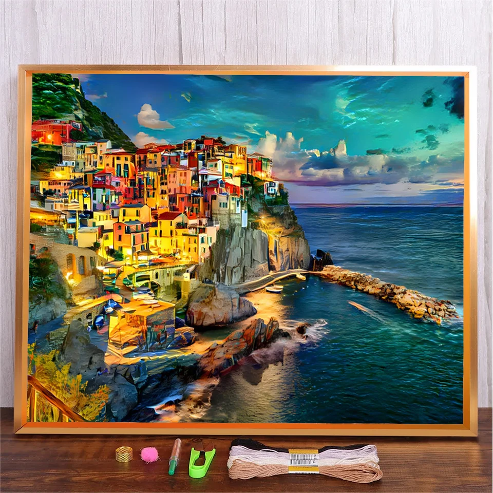 JOYSEWING Kit De Broderie Au Point De Croix 11CT Pour Débutants En Bord De Mer – Motif Estampillé – Kit De Broderie Avec Fils Colorés Pour Débutants – Décoration D'intérieur (café Bord