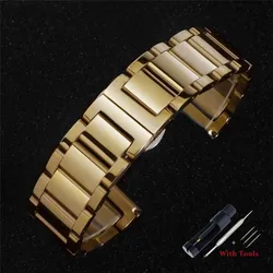 Three Bead Solid Stainless Steel Watch Strap with Tool - Adjustable Width - 22mm (Gold)