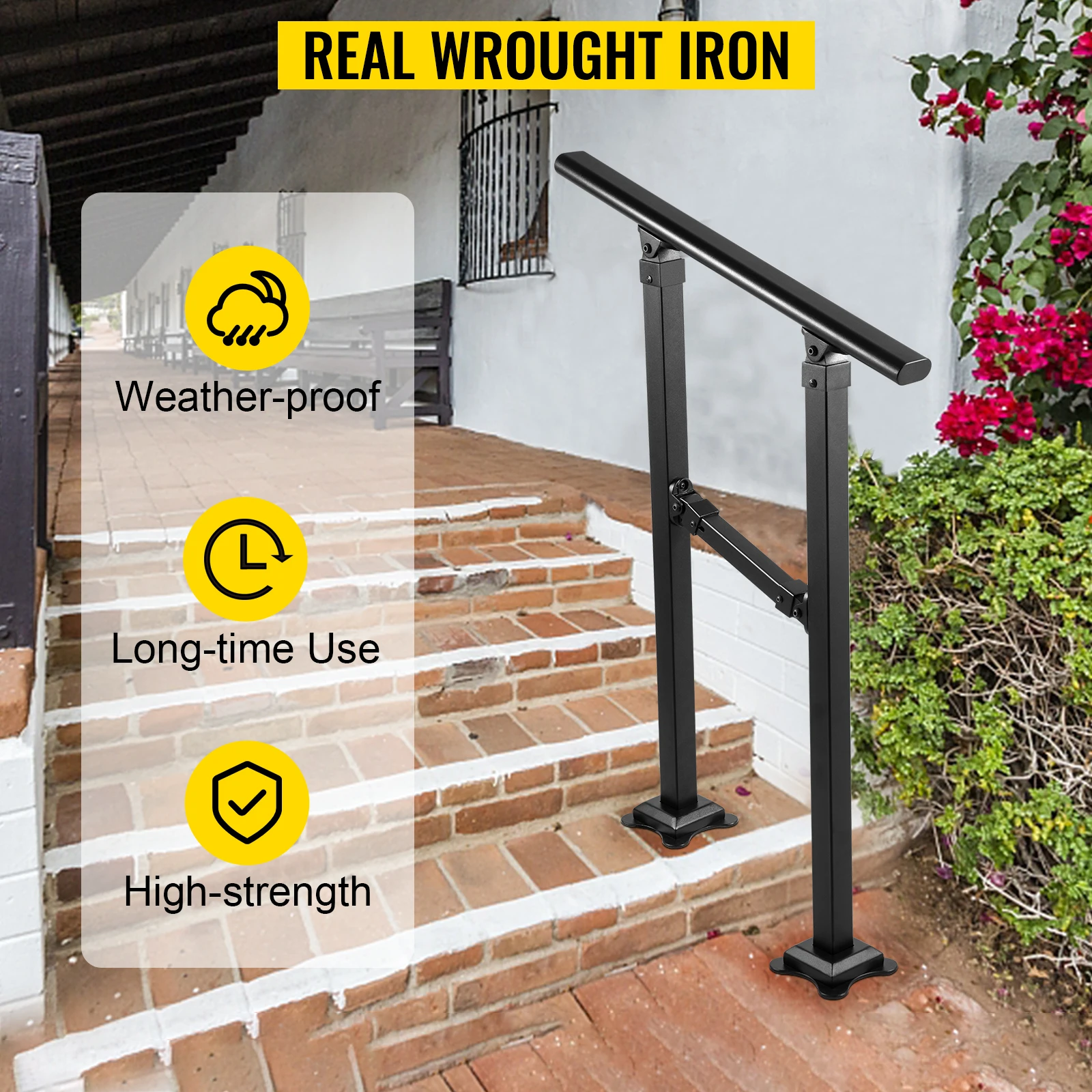 VEVOR Iron Handrail Stair Railing Hand Rail Kit 0/1 to 2/3/4 Steps Outdoor Black w/ Bars Building & Hardware Home Improvement