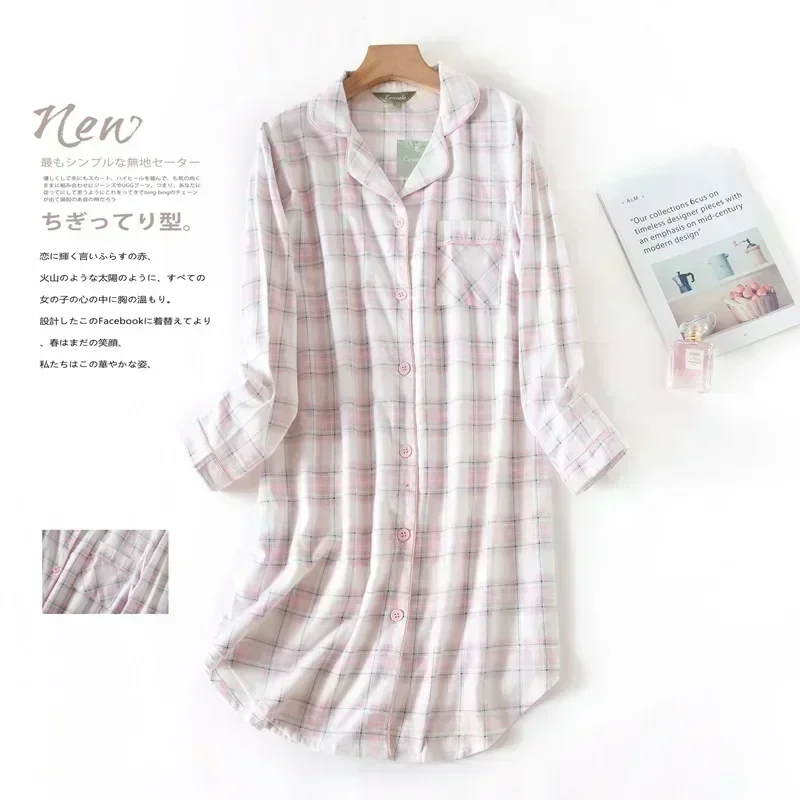 Women's Flannel Cotton Cartoon Plaid Nightdress with Cardigan Style