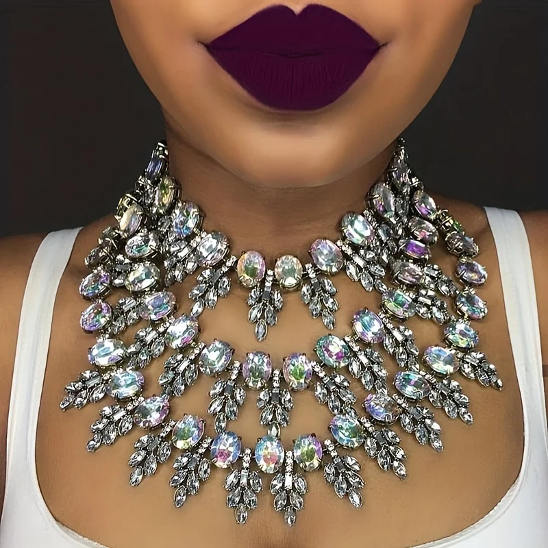 قلادة من أحجار الراين الهندسية متعددة الطبقات للنس...