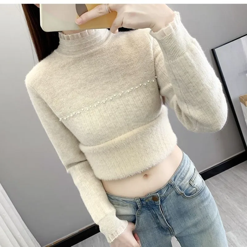 

Women's Autumn Winter Half High Neck Patchwork Chic Pullover Long Sleeve Fashion Casual Sweater Versatile Lace Elegant Lady Tops