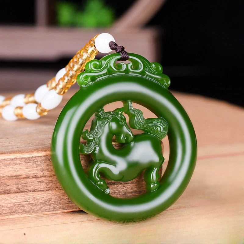 

Spinach Green Jasper Openwork Zodiac Horse Pendant White Jade Men's and Women's Horse To Success Jade Pendant