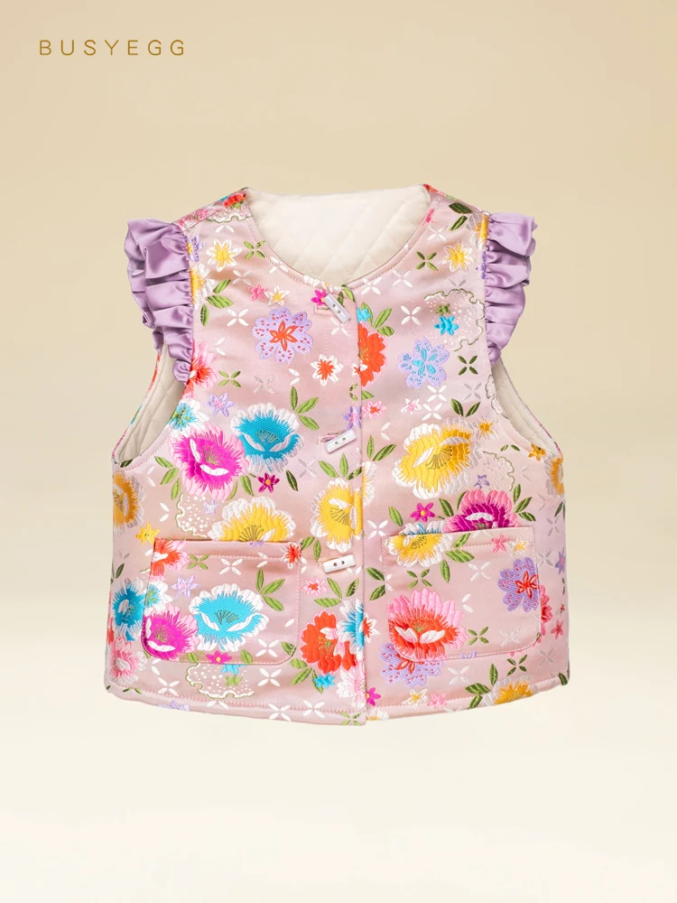 

Sweet pink flowers children's woven brocade vest girls' autumn winter warmth vest small flying sleeves kids luxury gifts