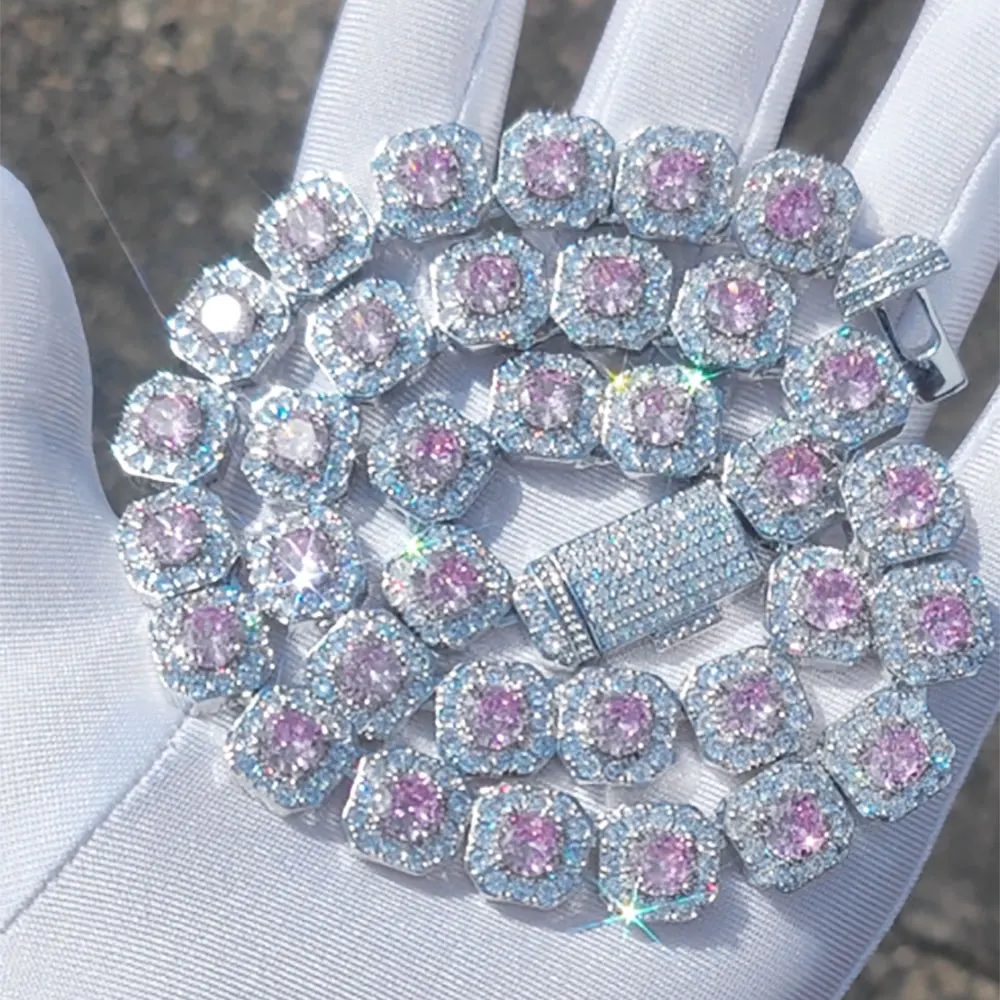 12mm Hip Hop Jewelry Pink/Treasure Blue/Sea Blue Girl Cluster Tennis Chain Cubic Zirconia Bling Diamond CZ Necklace For Women