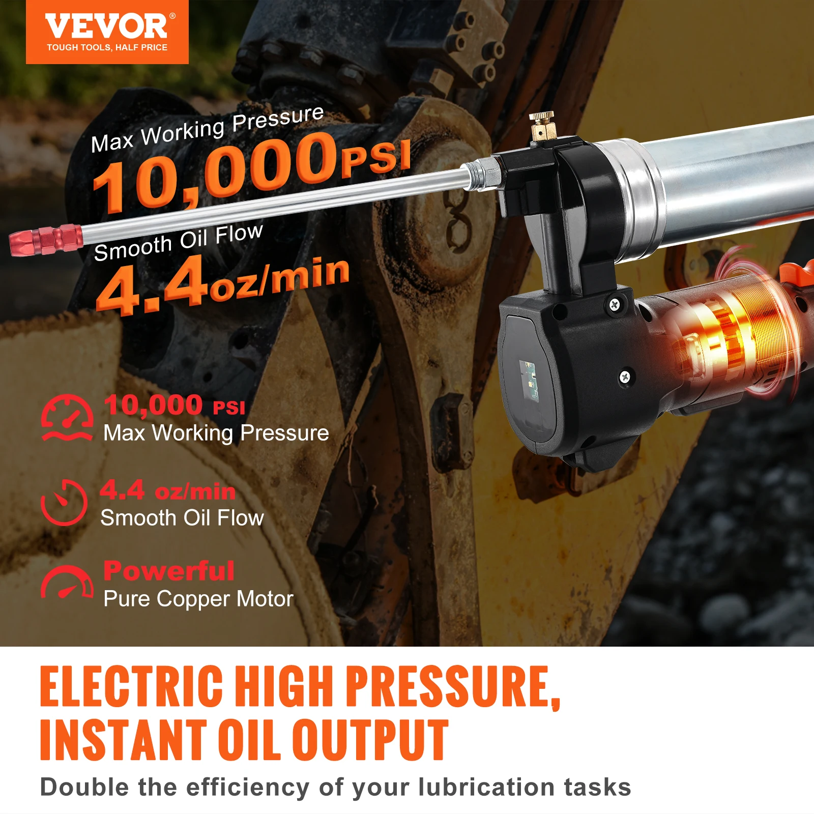 VEVOR 10000 PSI 20-Volt Electric Cordless Grease Gun Kit Battery Powered with 990mm Hose Carrying Case Battery Charger Included