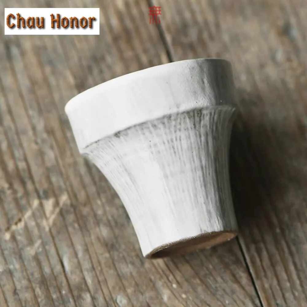 2pc/set Hand Made Powder Yin White Ceramic Teacup Japanese Coarse Pottery Creative Stripe Flower Master Cup Kung Fu Teaset 40ml