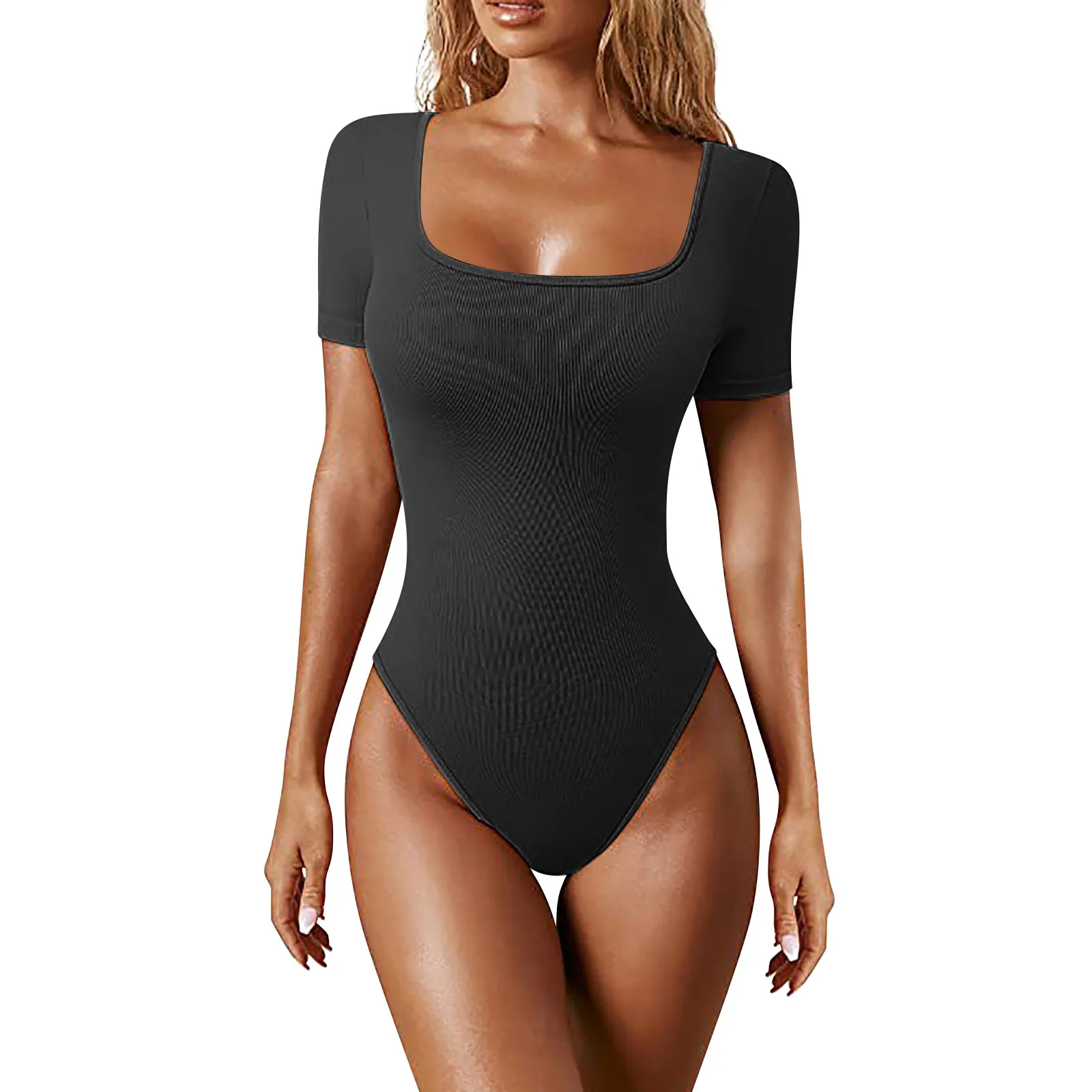 Sports Jumpsuit Woman Gym Solid Color Beige Short Sleeve Square Neck Women's Summer Bodysuits Playsuits Shapewear Tummy Control