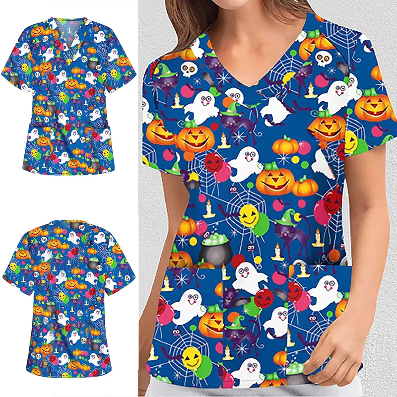 S-3XL 15Colors Halloween V-neck Short Sleeved Nursing Uniform Unisex Hotel Hospital Doctor Operating Scrub T-shirt spa beauty salon doctor uniform short long sleeved split suit male female doctor uniform summer thin operating room overalls 3xl