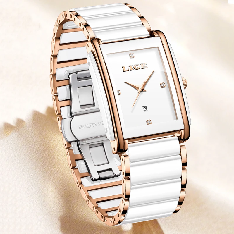 LIGE New Square Watch Women's Watch Fashion Waterproof Women's Quartz Wristwatch Elegant Stainless Steel Bracelet Watch Ladies