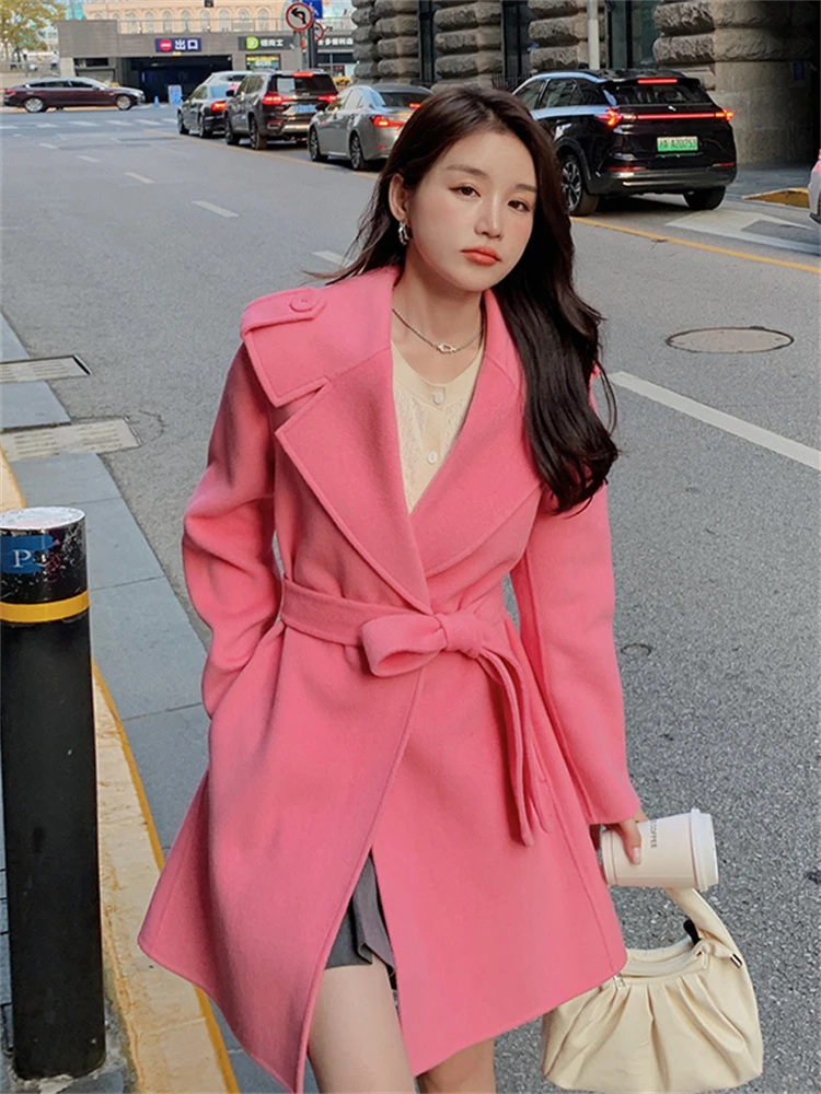 

2022 Autumn Winter Clothes Big Lapel Belted Pink Woolen Jacket Overcoat Women Elegant Chic Loose Casual Korean Style Coat 5860