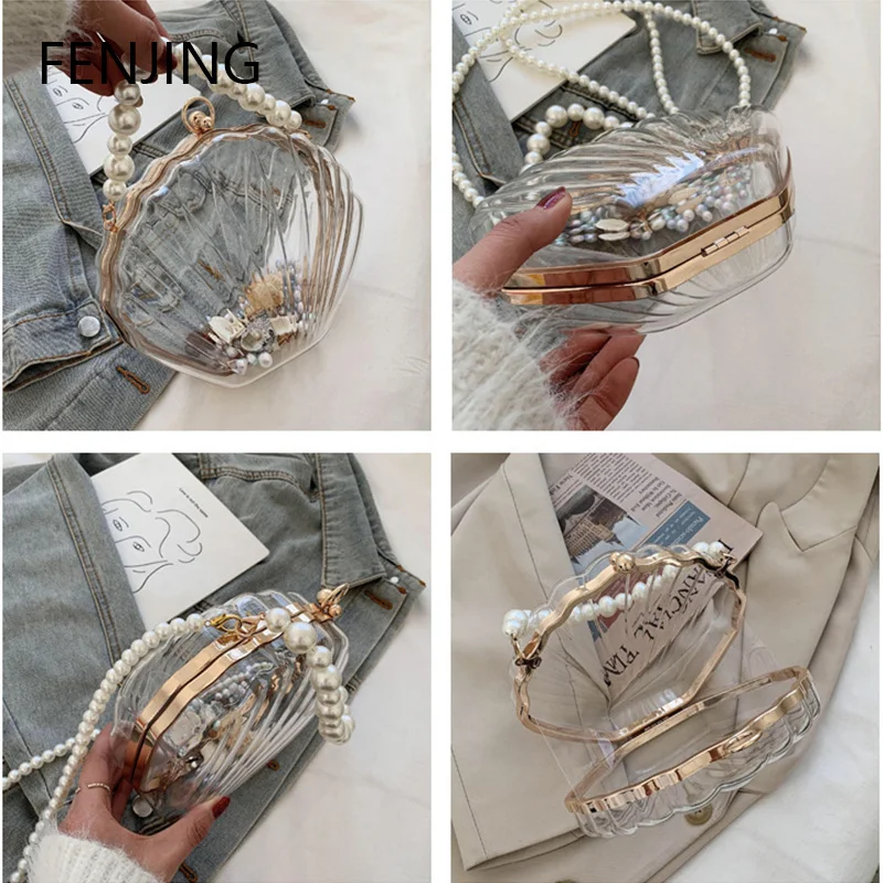 Evening Bags crossbody bag women handbags for Women Transparent Shell Bag Clutch Box Handbags Pearl Chain Crossbody Bag Acrylic Purse Shoulder