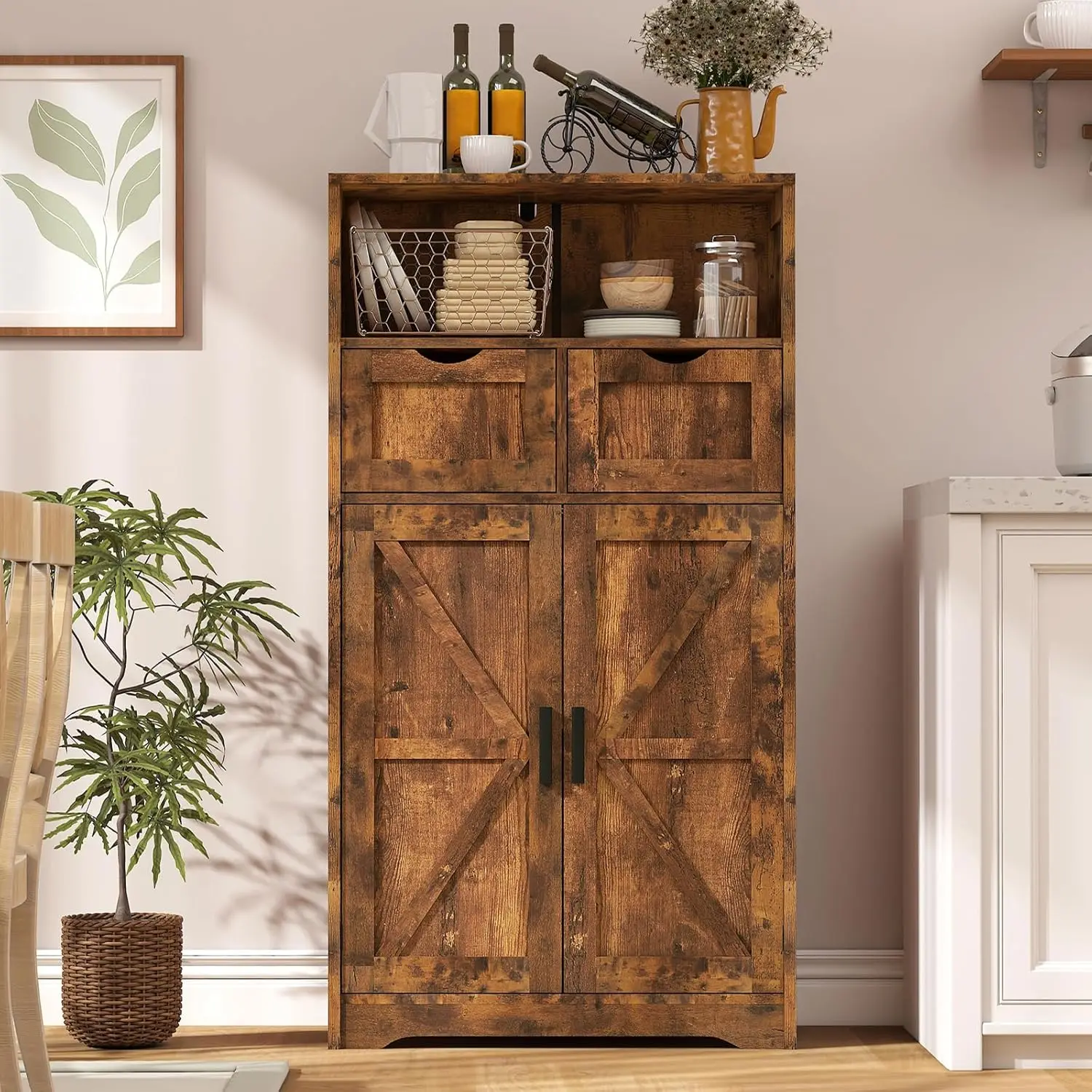 Farmhouse Storage Cabinet. Kitchen Cabinet with 2 Drawers & Shelf. Rustic Brown. For Living Room, Home Office, Kitchen.