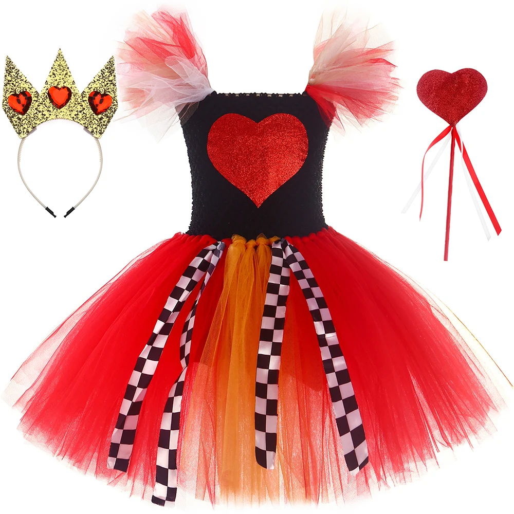 

Queen of Hearts Tutu Dress Girls Birthday Party Clothes Wonderland Fairy Tale Princess Costume Kids Halloween Carnival Dress Up