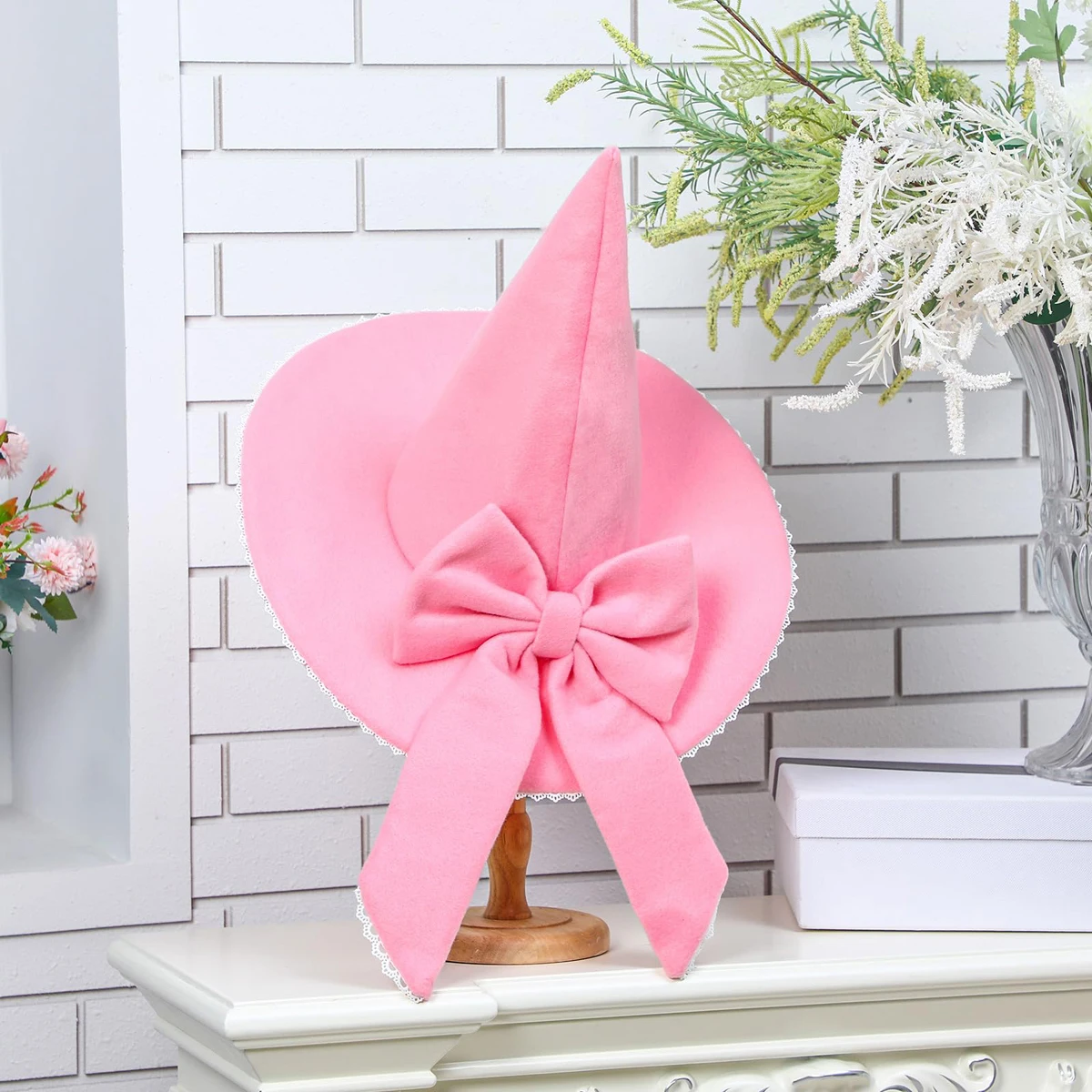 Pink Witch Hat with Bow and Wide Brim Felt Wizard Hat for Halloween Cosplay Pointed Cap Costume Accessory for Women and Girls