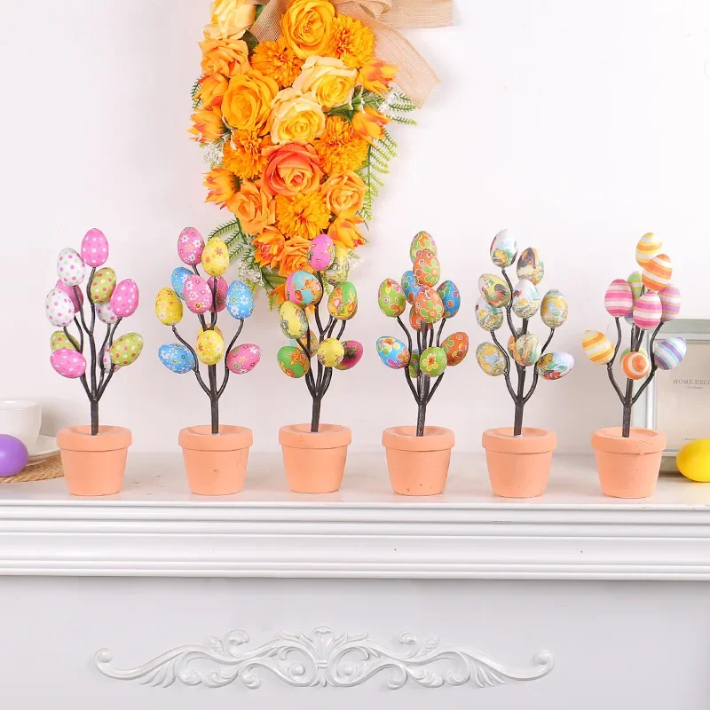 Colorful Easter Eggs Tree Branch DIY Painting Foam Bunny Eggs 2024 Easter Decoration For Home Kids Gift Party Fake Flower Plants