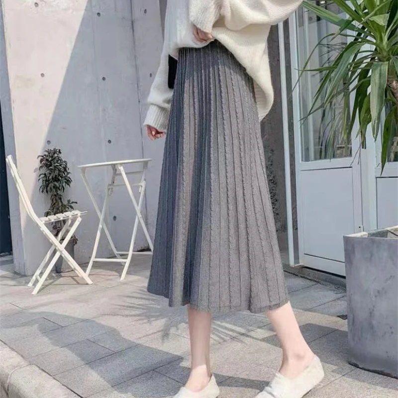 

Thick Autumn Winter Long Skirts Women Loose Knitted Skirt High Waist Pleated Skirts Casual Midi A Line Streetwear Party N922