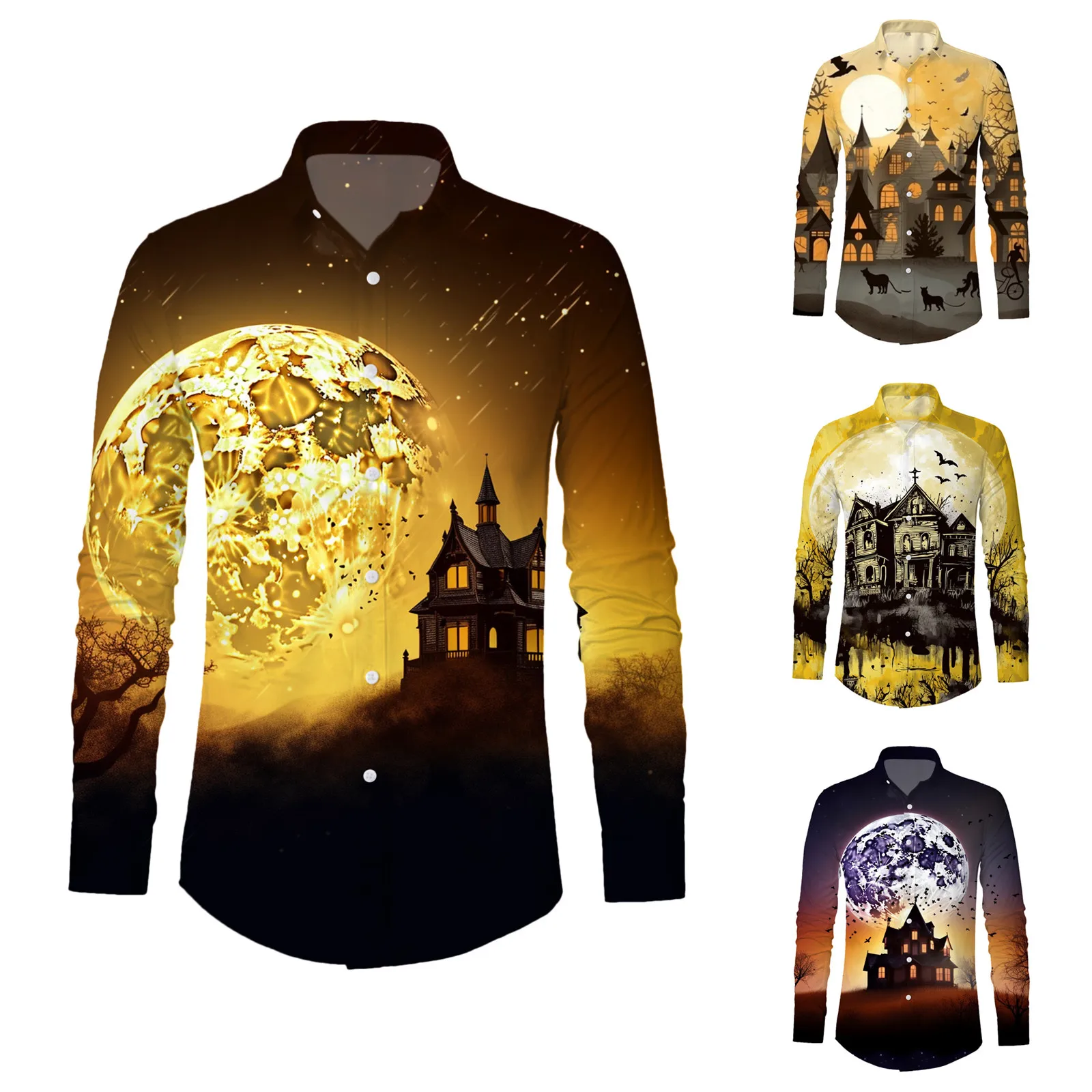 

Halloween Printed Shirts For Mens Autumn Spring Lapel Long Sleeve Beachwear Print Camisa Social Dress Shirt Fashion Shirts Tops