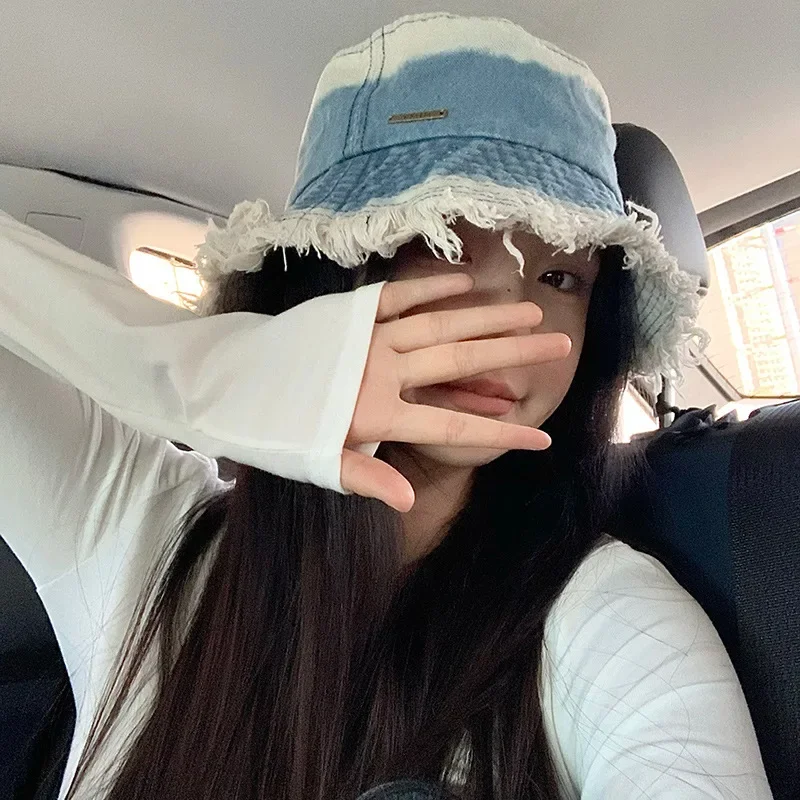 2023 Denim Bucket Hats for Women Japanese Big Head Retro
