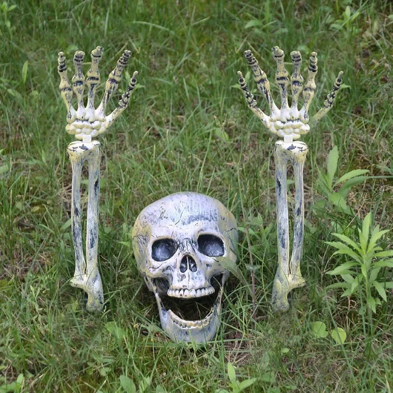 Halloween Scary Props Realistic Skeleton Head Human Hands Arms for Home Garden Haunted House Party Decor
