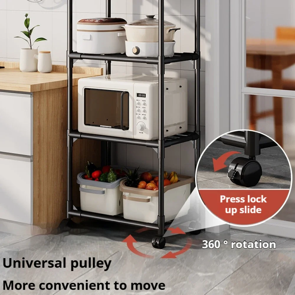 6 Layer Floor Standing Kitchen Storage Shelf With Pulley Kitchen Household Shelf Multi-functional Bathroom Microwave Rack