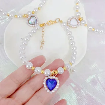 Cute Sapphire Pendant Pearl Necklace Adjustable Pet Collar for Cats Dogs Fashion Gem Accessories Malzis Bear Small Dog Cat