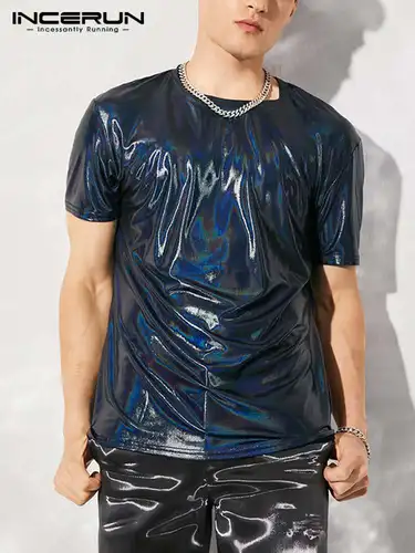 INCERUN 남성 티셔츠 o-넥 샤이니 반팔 파티 Camisetas 피트니스 2023 스트리트웨어 스트레치 패션 캐주얼 남성 의류 5XL 7 2
