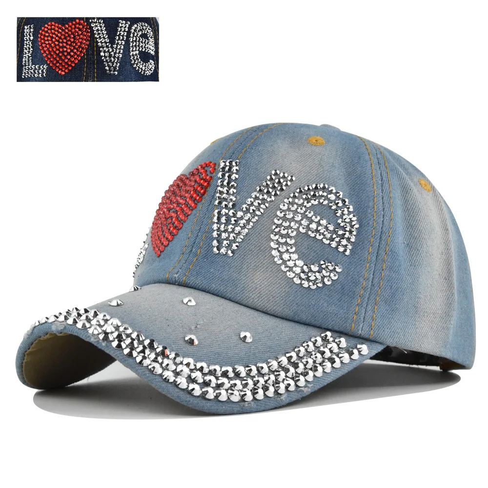 Denim Baseball Cap Women Retro Rhinestone Love Fashion Cowboy Summer Sun Hat Snapback Caps Casual Outdoor
