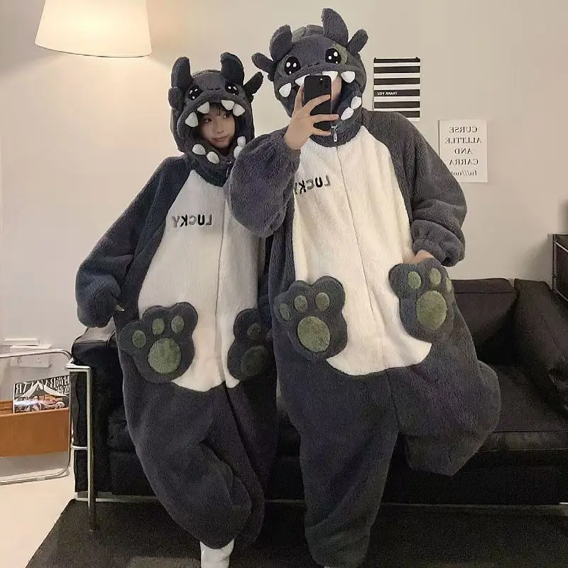 Kigurumi Cat Dinosaur Shark Women Men Pajamas Onesie Couples Jumpsuit Winter Thicken Hooded Pyjamas Halloween Christmas Homewear