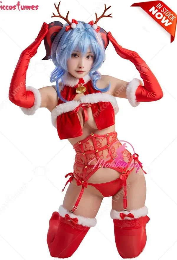 

Women Christmas Sexy Lingerie Ganyu Derivative Halter Top and Thong with Lace Corset and Stockings Gloves Cosplay Costume